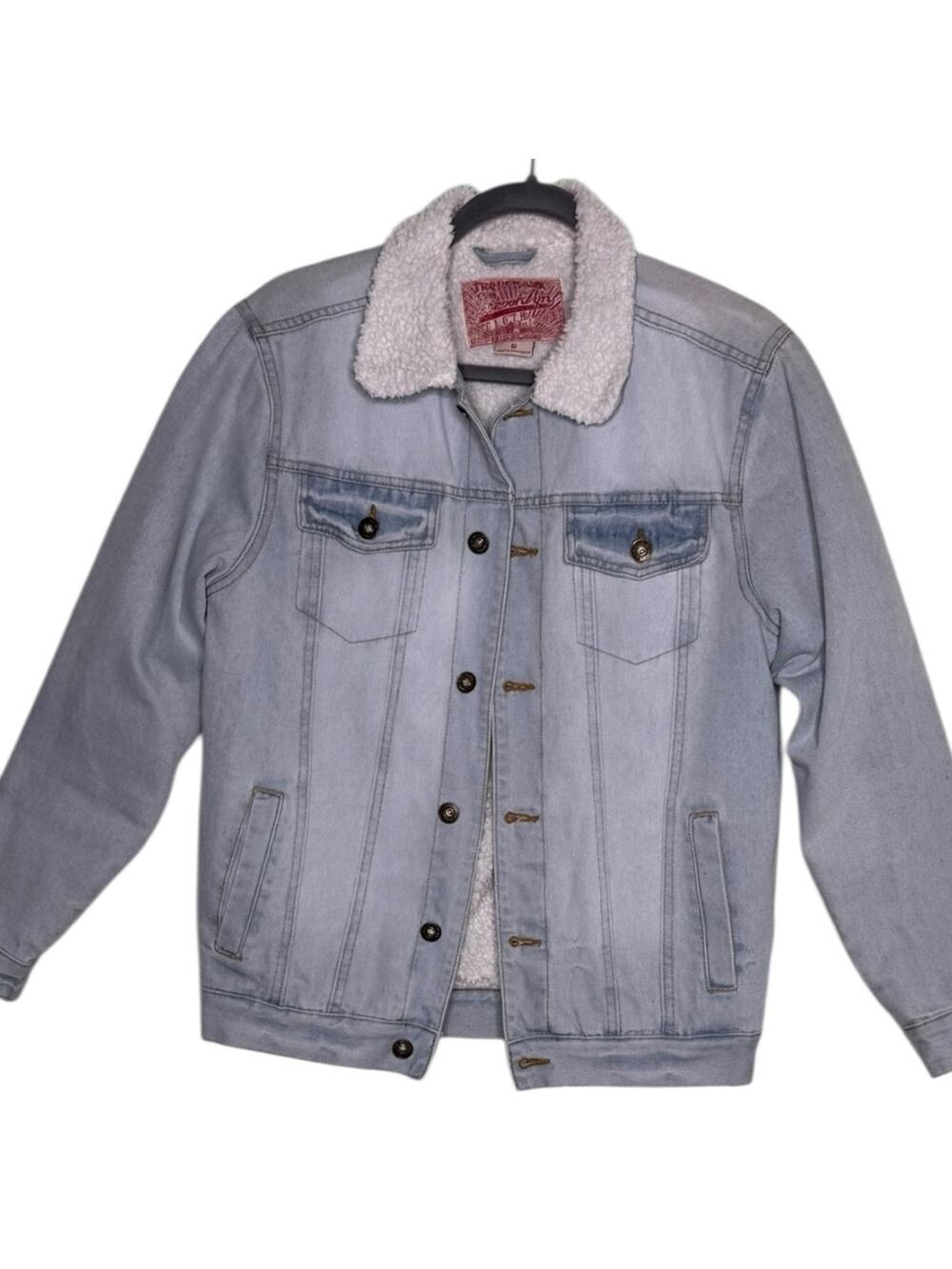 Brooklyn Cloth Mens Sherpa Lined Denim Trucker Jacket Light Blue Wash Small